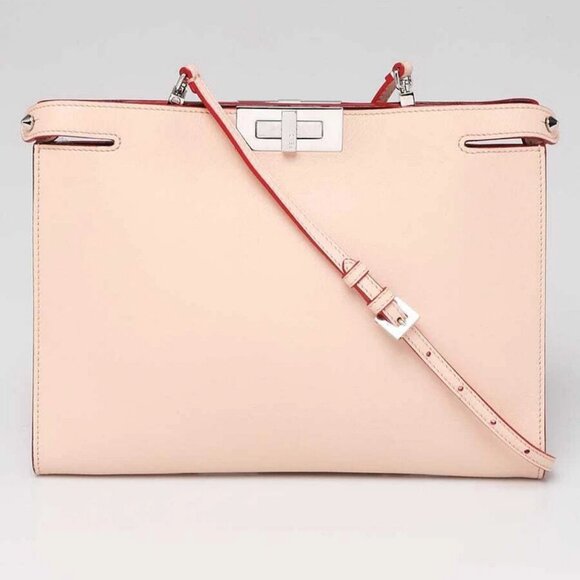 Fendi Light Pink/Brown Pebbled Leather Peekaboo Pochette Crossbody Bag - Picture 1 of 12